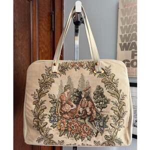 Vintage Tapestry Handbag Medieval Rococo Courtship Scene Structured Tote Purse